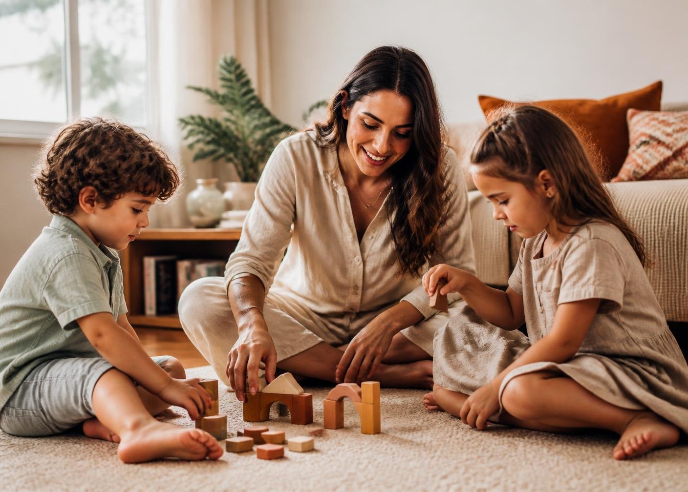 Mãe brincando com o filho e a filha no chão da sala com brinquedos de madeira